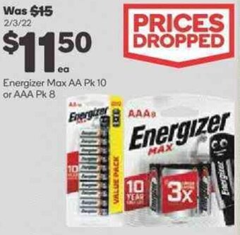 Woolworths Energizer Max AA Pk 10 Or AAA Pk 8 offer