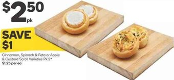 Woolworths Cinnamon, Spinach & Feta or Apple & Custard Scroll Varieties Pk 2 offer