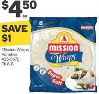 Woolworths Mission Wraps Varieties 425-567g Pk 6-8 offer