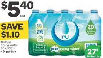 Woolworths Nu Pure Spring Water 20 x 600ml offer