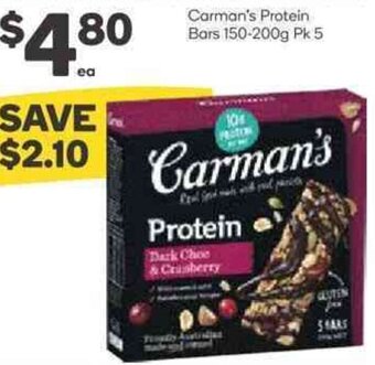Woolworths Carman's Protein Bars 150-200g Pk 5 offer