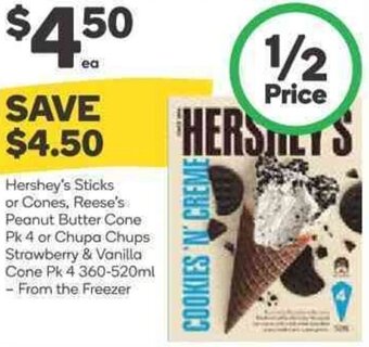 Woolworths Hershey's Sticks Or Cones, Reese's Peanut Butter Cone Pk 4 or Chupa Chups Strawberry & Vanilla Cone Pk 4 360-520ml offer