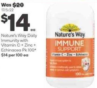 Woolworths Nature's Way Daily Immunity With Vitamin C + Zinz + Echinacea Pk 100 offer