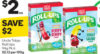 Woolworths Uncle Tobys Roll Ups 94g Pk 6 offer