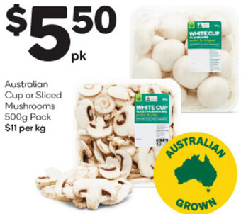 Woolworths Australian Cup or Sliced Mushrooms 500g Pack offer