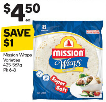 Woolworths Mission Wraps Varieties 425-567g Pk 6-8 offer