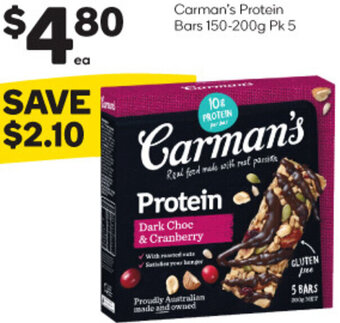 Woolworths Carman's Protein Bars 150-200g Pk 5 offer