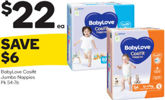 Woolworths BabyLove Cosifit Jumbo Nappies Pk 54-76 offer