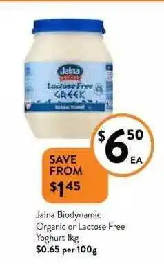 Jalna Biodynamic Organic Or Lactose Free Yoghurt 1 Kg