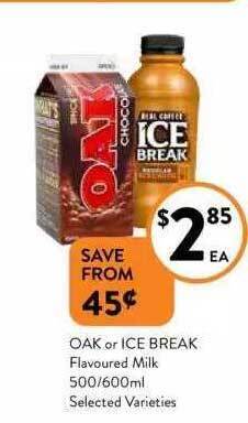Foodworks Oak Or Ice Break Flavoured Milk 500-600ml offer