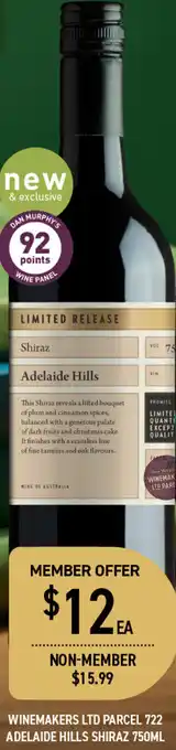 Dan Murphy's Winemakers LTD Parcel 722 A Delaide Hills Shiraz 750ml offer