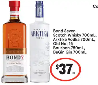 IGA Bond Seven Scotch Whisky 700ml, Artika Vodka 700ml, Old No. 15 Bourbon 750ml, BeGin Gin 700ml offer
