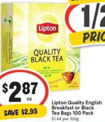 IGA Lipton Quality English Breakfast Or Black Tea Bags 100 Pack offer