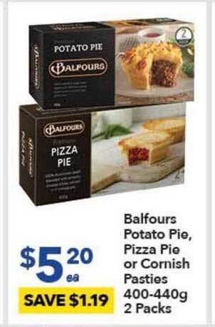 Balfours Potato Pie, Pizza Pie Or Cornish Pasties 400-440g 2 Packs