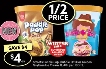 Ritchies Streets Paddle Pop, Bubble O'Bill or Golden Gaytime Ice Cream 1L offer
