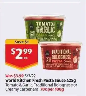 ALDI World Kitchen Fresh Pasta Sauce 425 G offer