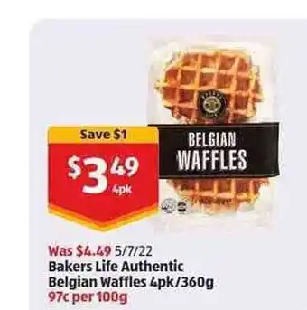 ALDI Bakers Life Authentic Belgian Waffles 4 Pk-360 G offer