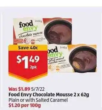 ALDI Food Envy Chocolate Mousse 2 X 62 G offer