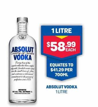 Bottlemart Absolut Vodka 1 Litre offer