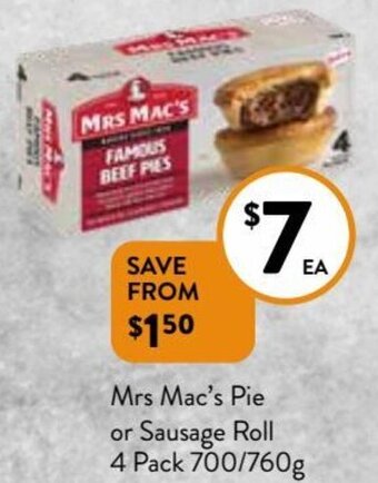 Foodworks Mrs Mac's Pie Or Sausage Roll 4 Pack 700/760g offer