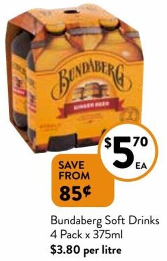 Foodworks Bundaberg Soft Drinks 4 Pack x 375ml offer