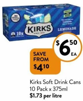 Foodworks Kirks Soft Drink Cans 10 Pack x 375ml offer