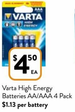 Foodworks Varta High Energy Batteries AA/AAA 4 Pack offer