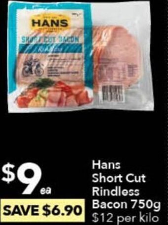 Hans Short Cut Rindless Bacon 750g