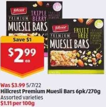 ALDI Hillcrest Premium Muesli Bars 6pk/270g offer