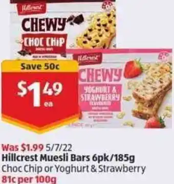 ALDI Hillcrest Muesli Bars 185 g offer