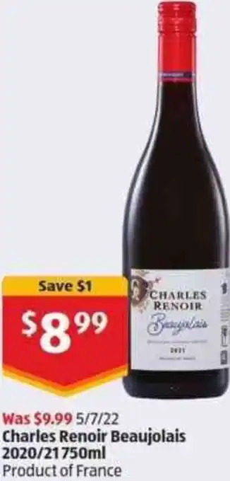 ALDI Charles Renoir Beaujolais 2020/21 750ml offer