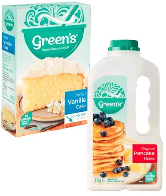 Coles Green’s traditional baking mix 350g-470g or pancake shake 300g-375g offer