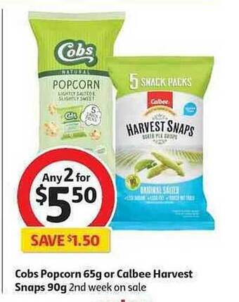 Coles Cobs popcorn 65g or calbee harvest snaps 90g offer
