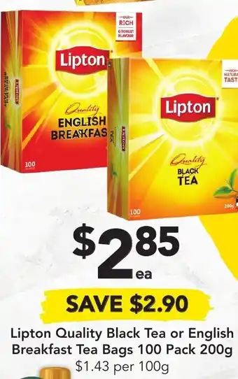 Drakes Lipton Quality Black Tea Or English Breakfast Tea Bags 100 Pack 200g offer