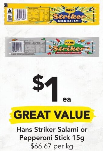 Drakes Hans Striker Salami Or Pepperoni Stick 15g offer