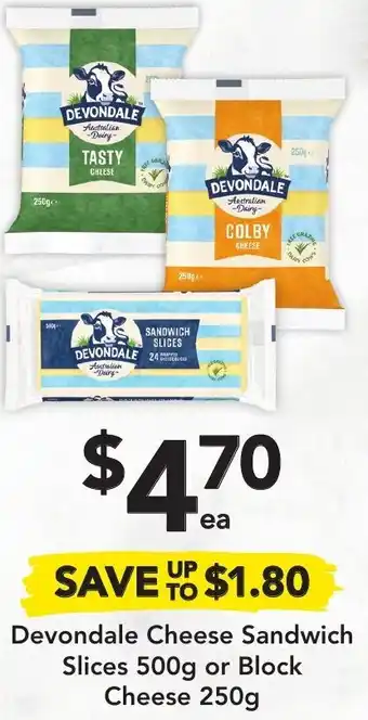 Drakes Devondale Cheese Sandwich Slices 500g or Block Cheese 250g offer
