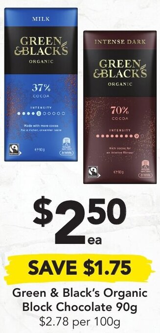 Drakes Green & Black's Organic Block Chocolate 90g offer