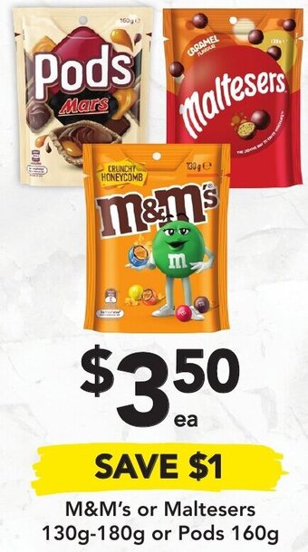Drakes M&M's or Maltesers 130g-180g or Pods 160g offer
