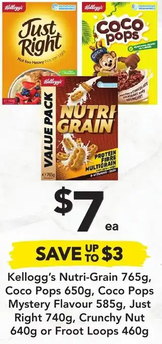 Drakes Kellogg's Nutri-Grain 765g, Coco Pops 650g, Coco Pops Mystery Flavour 585g, Just Right 740g, Crunchy Nut 640g or Froot Loops offer