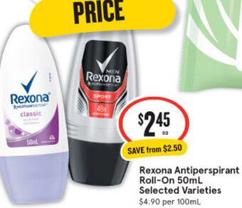 IGA Rexona Antiperspirant Roll-On 50ml Selected Varieties offer