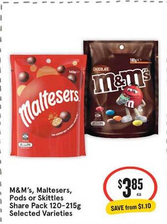 IGA M&m's, maltesers pods or skittles share pack offer