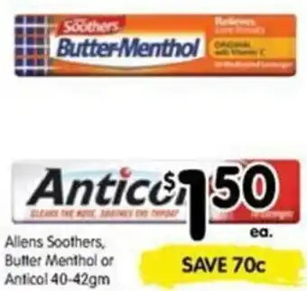 Allens Soothers, Butter Menthol or anticol 40-42gm