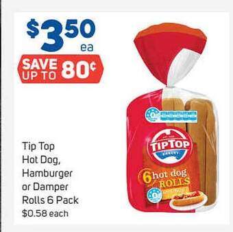 Foodland Tip top hot dog, hamburger or damper rolls 6 pack offer