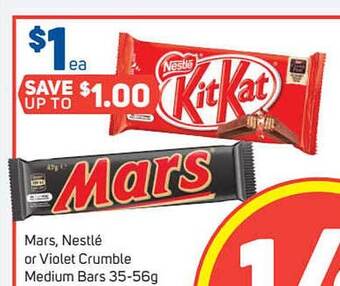 Foodland Mars, nestlé or violet crumble medium bars offer
