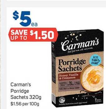 Foodland Carman's porridge sachets offer