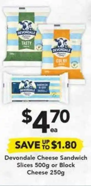 Drakes Devondale cheese sandwich slices or block cheese offer