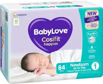 BIG W Babylove jumbo cosifit nappies newborn 84 pack offer