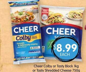 Spudshed Cheer colby or tasty block or tasty shredded cheese offer