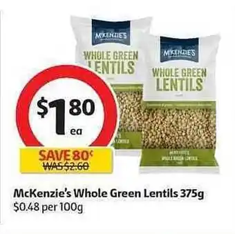 Coles Mckenzie's whole green lentils 375g offer