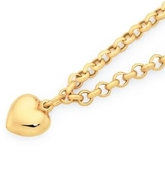 9ct gold 19cm belcher heart charm bracelet